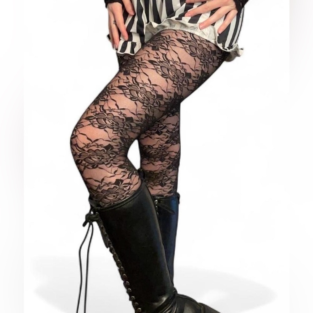 vintage lily white black lace whimsigoth tights